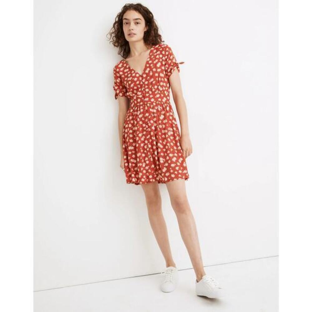 Button-Front Tie-Sleeve Retro Dress in Happy Hibiscus - SMALL